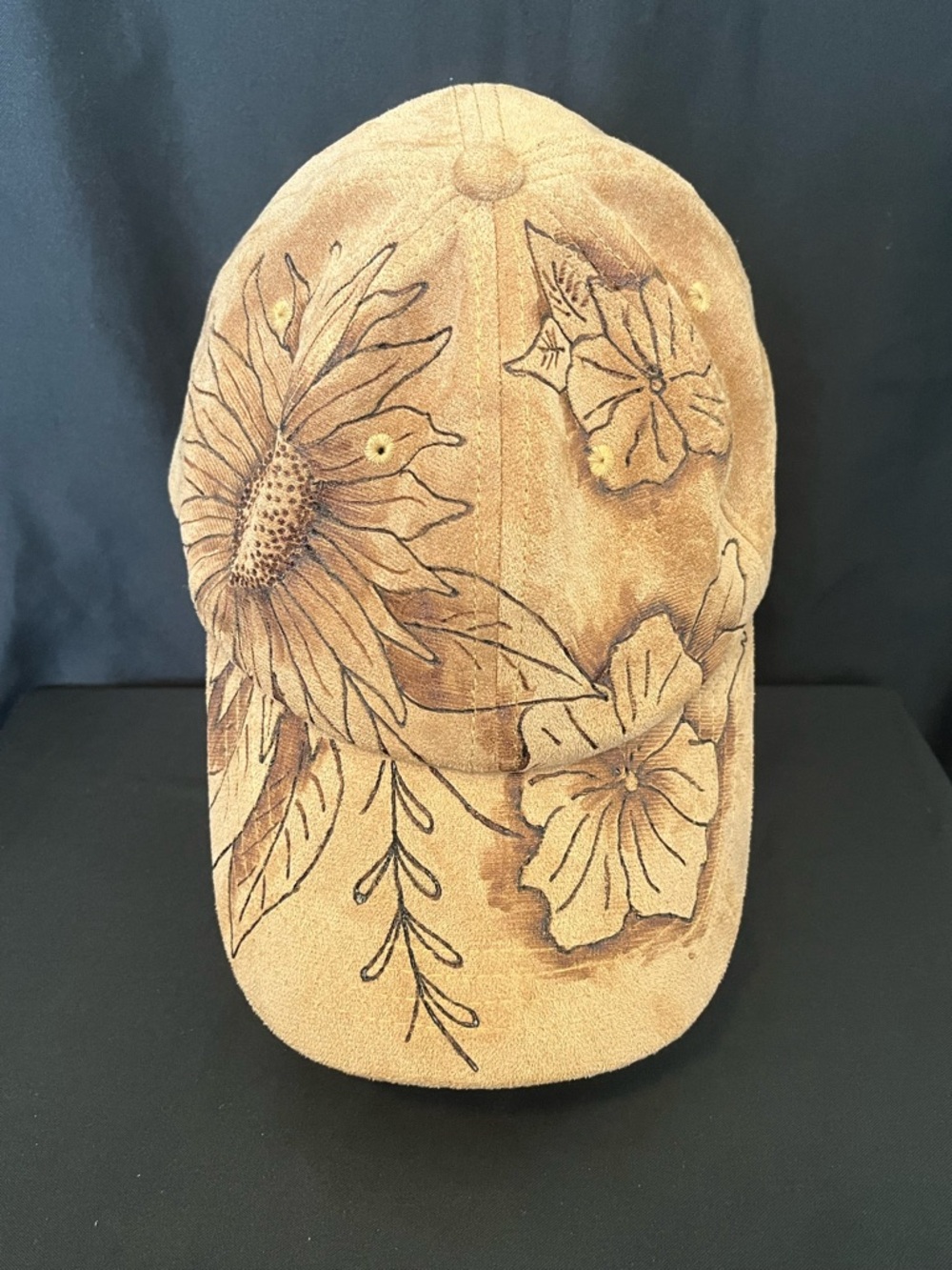Rustic Hand Burned Floral Design Suede Cap in Tan